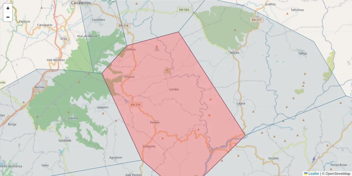 Mapa detalhado do código postal 5340-190 com limites, códigos postais vizinhos e agências dos correios