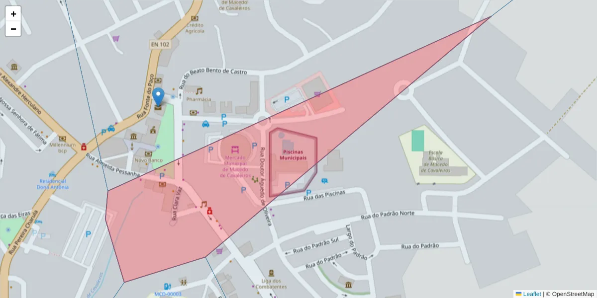 Mapa detalhado do código postal 5340-230 com limites, códigos postais vizinhos e agências dos correios