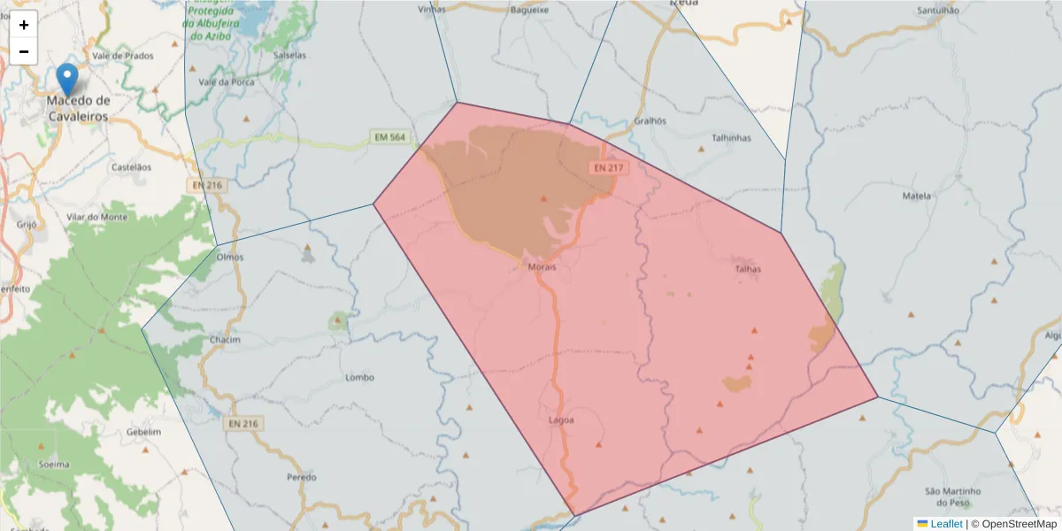 Mapa detalhado do código postal 5340-351 com limites, códigos postais vizinhos e agências dos correios