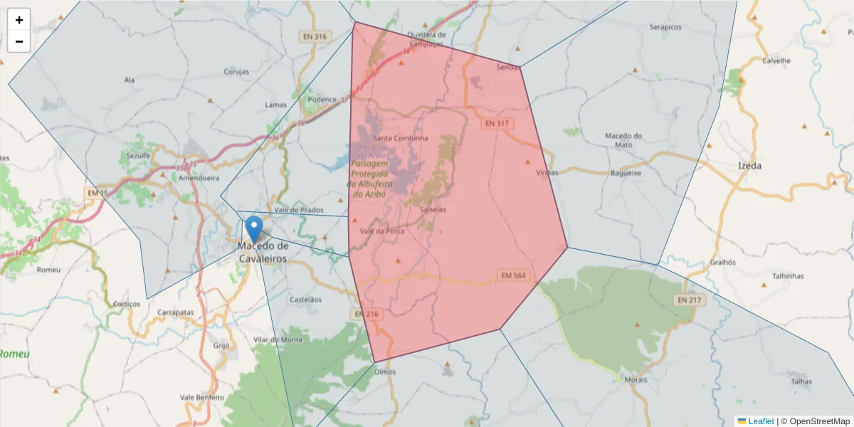 Mapa detalhado do código postal 5340-400 com limites, códigos postais vizinhos e agências dos correios