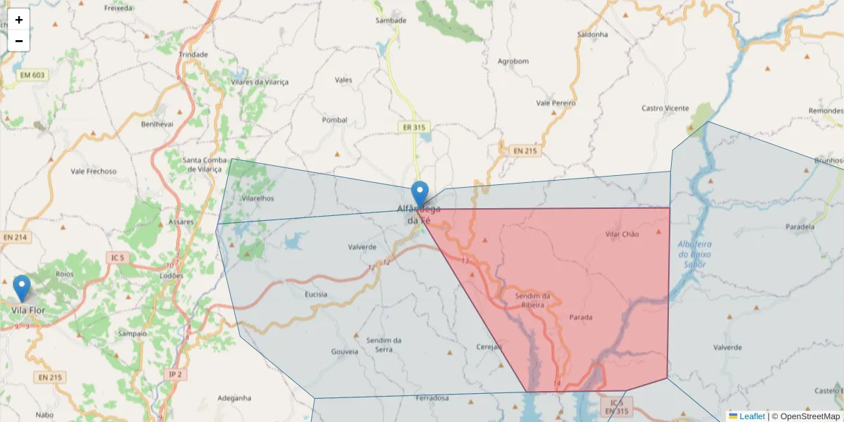 Mapa detalhado do código postal 5350-003 com limites, códigos postais vizinhos e agências dos correios