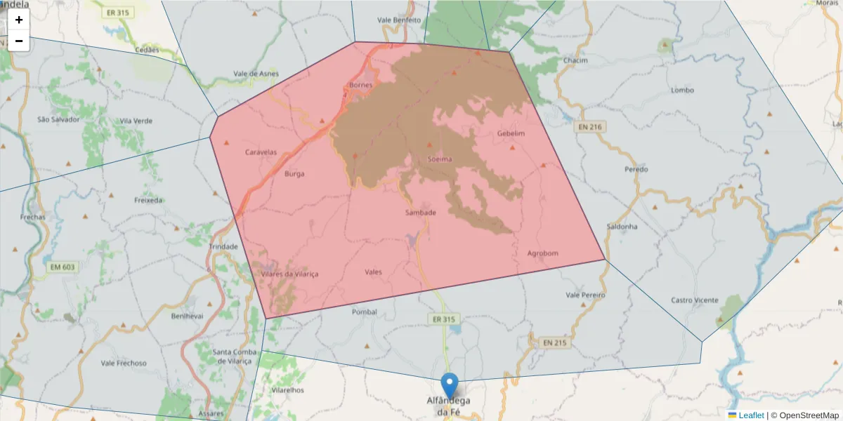 Mapa detalhado do código postal 5350-312 com limites, códigos postais vizinhos e agências dos correios