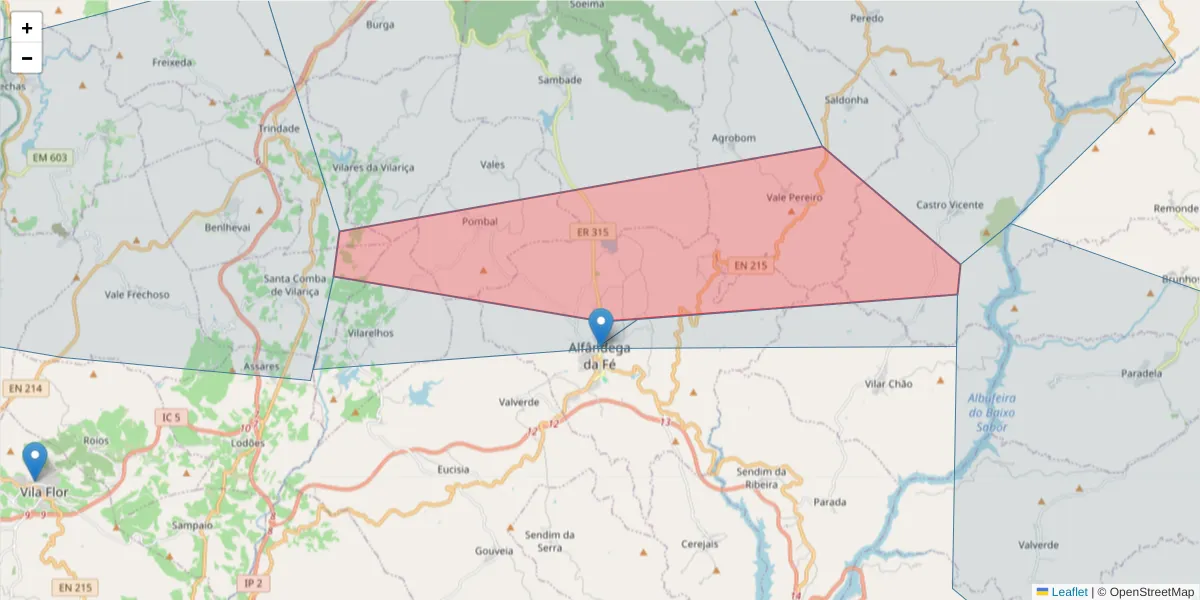 Mapa detalhado do código postal 5350 Alfandega da Fé com limites, códigos postais vizinhos e agências dos correios