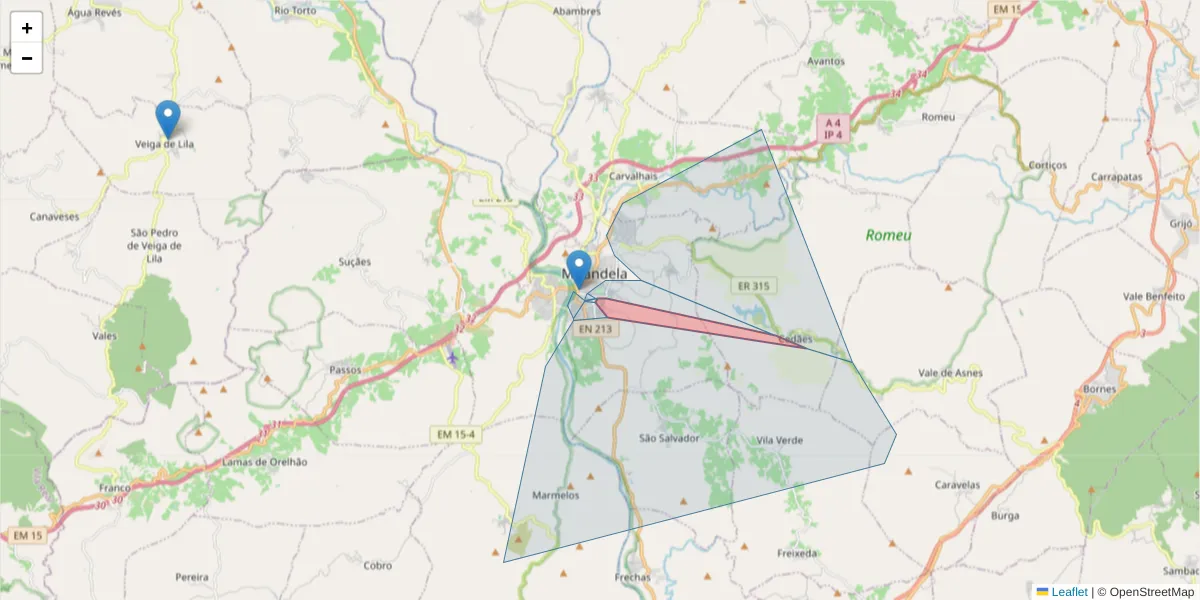 Mapa detalhado do código postal 5360-404 com limites, códigos postais vizinhos e agências dos correios