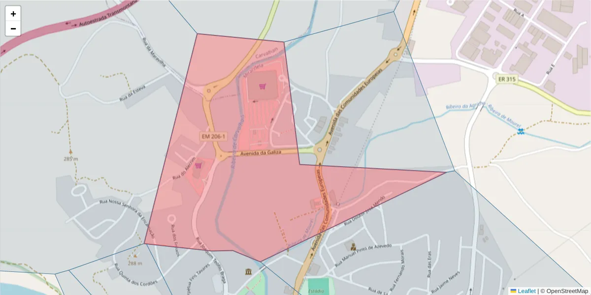 Mapa detalhado do código postal 5370-000 com limites, códigos postais vizinhos e agências dos correios
