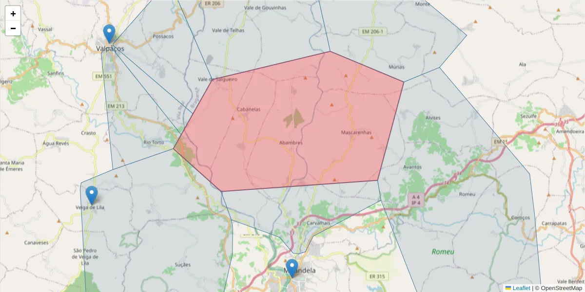 Mapa detalhado do código postal 5370-010 com limites, códigos postais vizinhos e agências dos correios