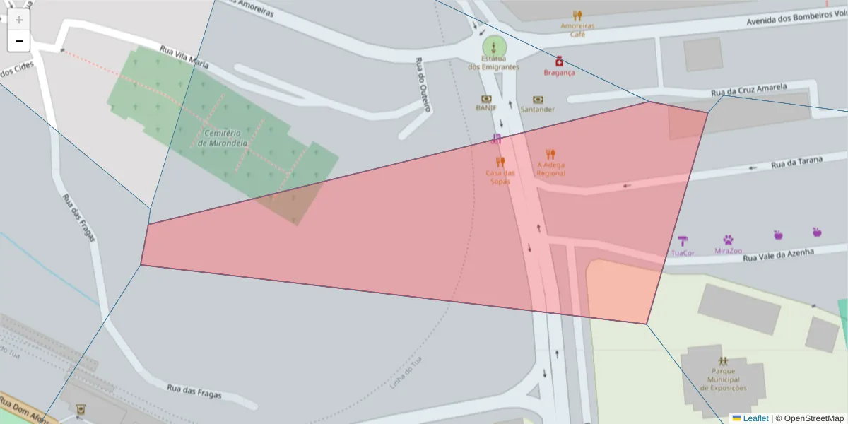 Mapa detalhado do código postal 5370-100 com limites, códigos postais vizinhos e agências dos correios