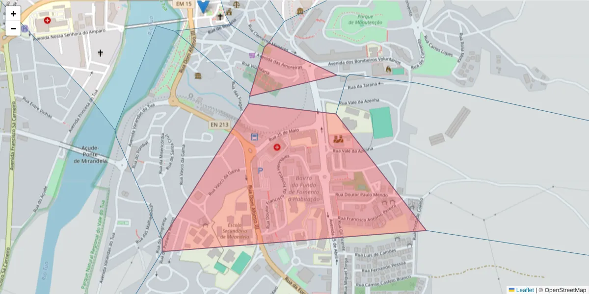 Mapa detalhado do código postal 5370-202 com limites, códigos postais vizinhos e agências dos correios