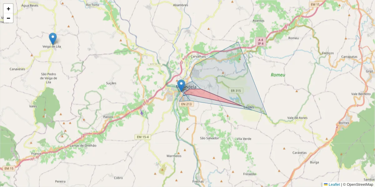 Mapa detalhado do código postal 5370-206 com limites, códigos postais vizinhos e agências dos correios