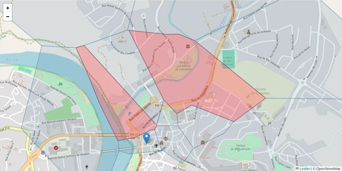Mapa detalhado do código postal 5370-347 com limites, códigos postais vizinhos e agências dos correios