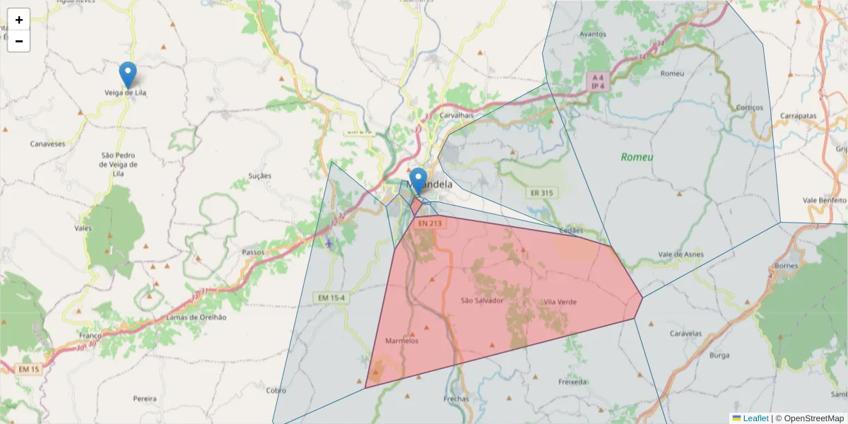 Mapa detalhado do código postal 5370-408 com limites, códigos postais vizinhos e agências dos correios