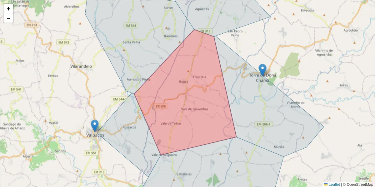 Mapa detalhado do código postal 5385-032 com limites, códigos postais vizinhos e agências dos correios
