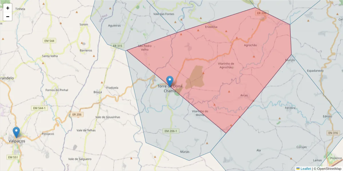 Mapa detalhado do código postal 5385-086 com limites, códigos postais vizinhos e agências dos correios