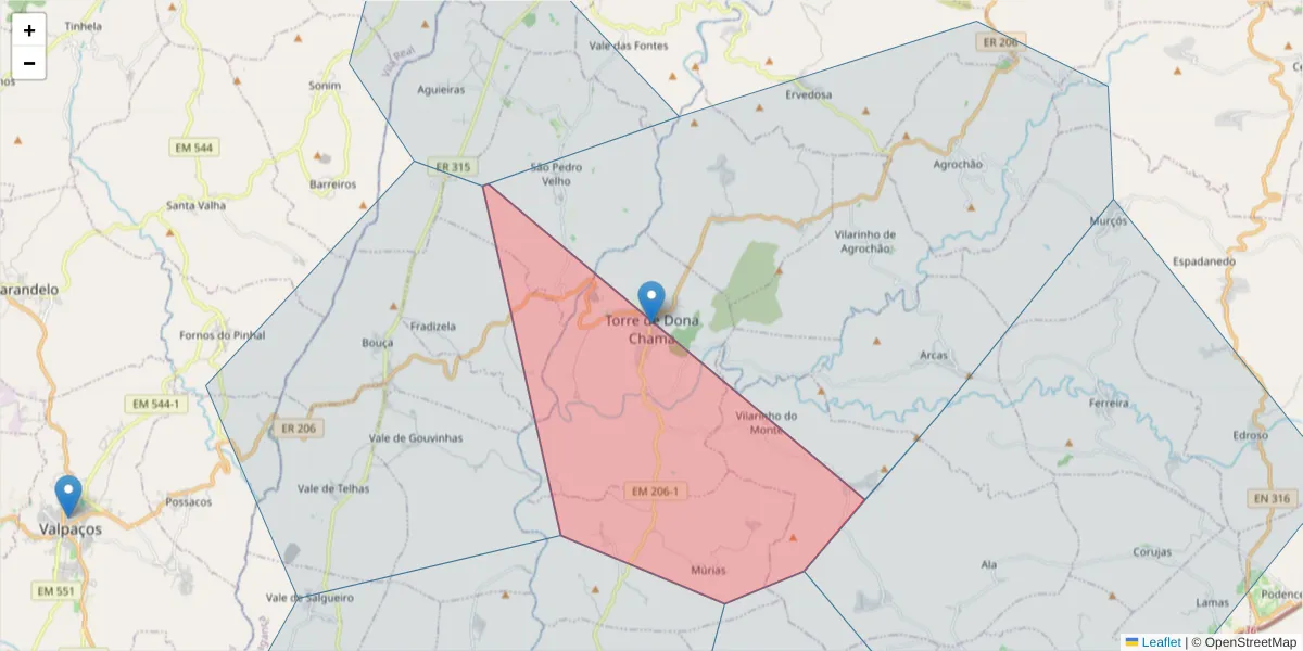 Mapa detalhado do código postal 5385-096 com limites, códigos postais vizinhos e agências dos correios