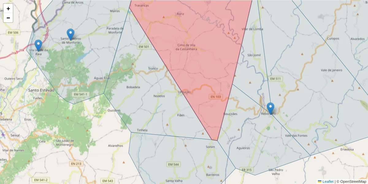 Mapa detalhado do código postal 5430-167 com limites, códigos postais vizinhos e agências dos correios
