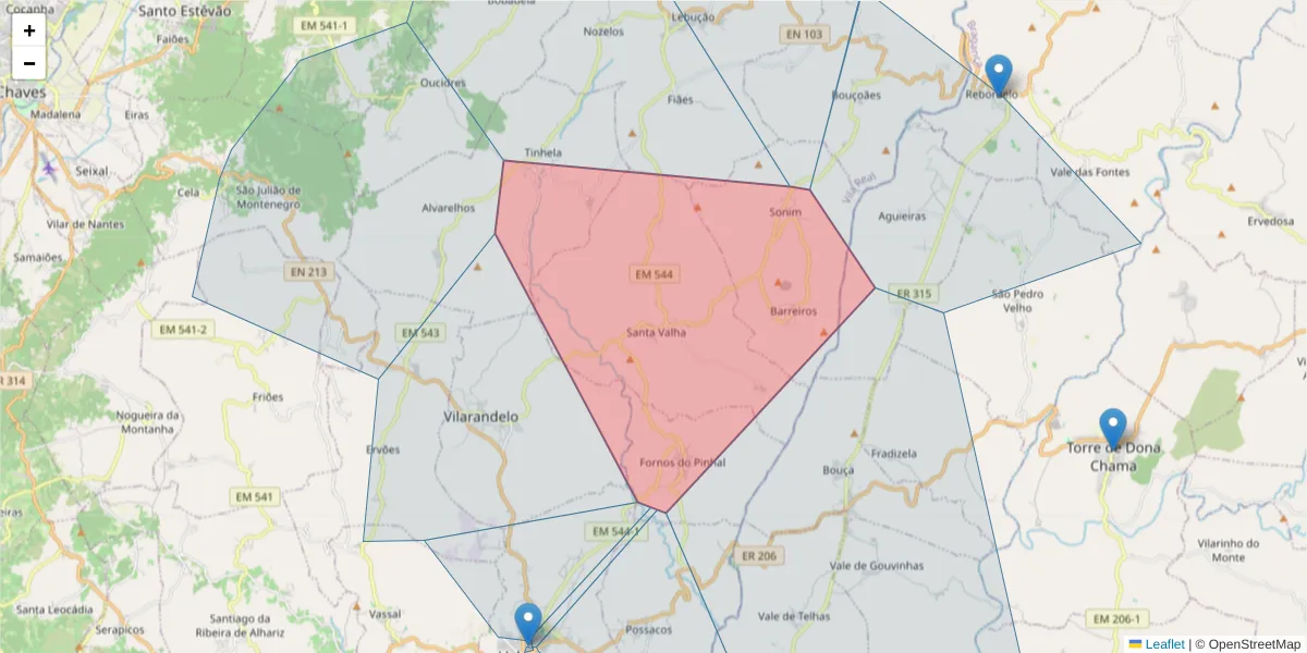 Mapa detalhado do código postal 5430-236 com limites, códigos postais vizinhos e agências dos correios