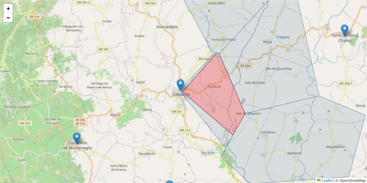 Mapa detalhado do código postal 5430-472 com limites, códigos postais vizinhos e agências dos correios