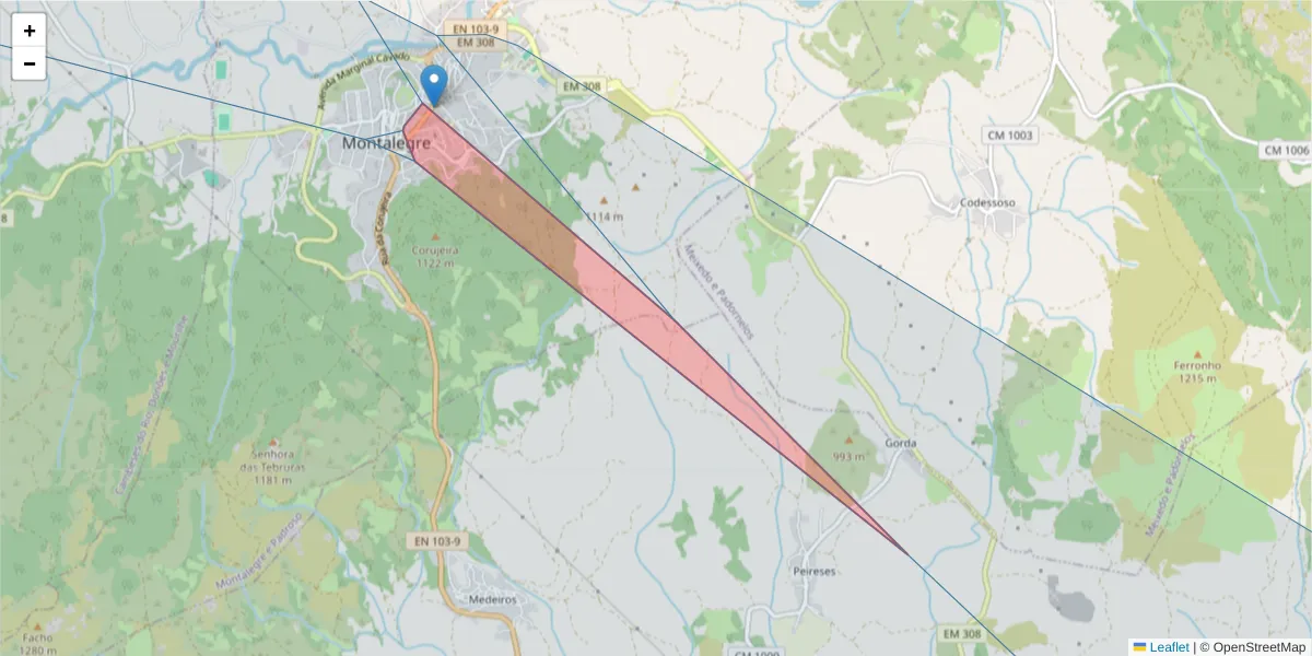 Mapa detalhado do código postal 5470-203 com limites, códigos postais vizinhos e agências dos correios
