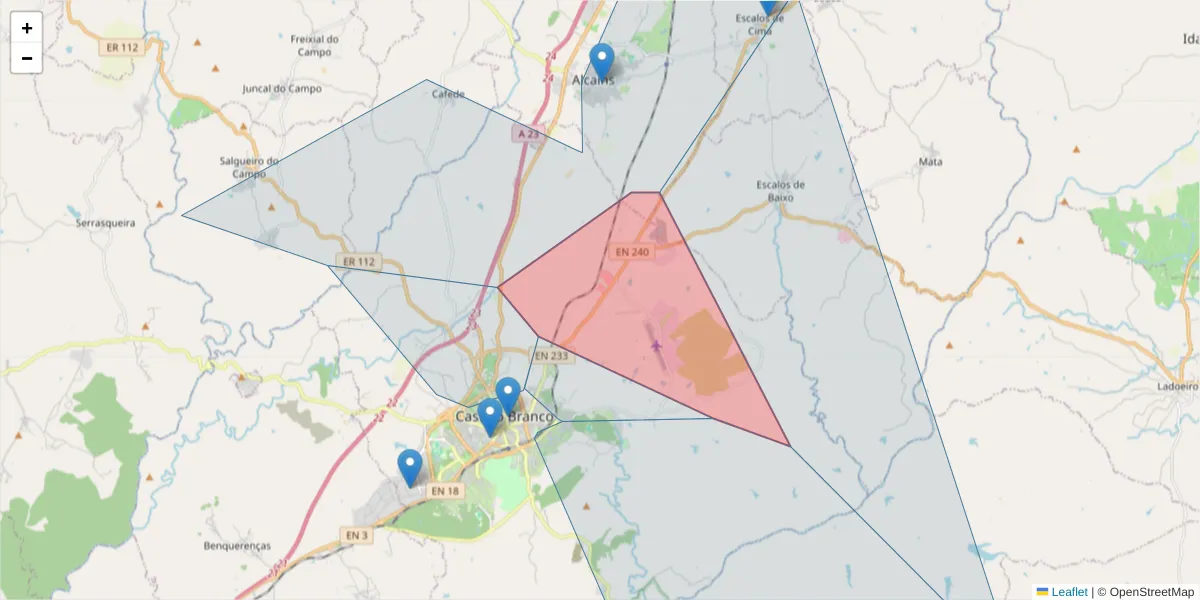 Mapa detalhado do código postal 6000-067 com limites, códigos postais vizinhos e agências dos correios