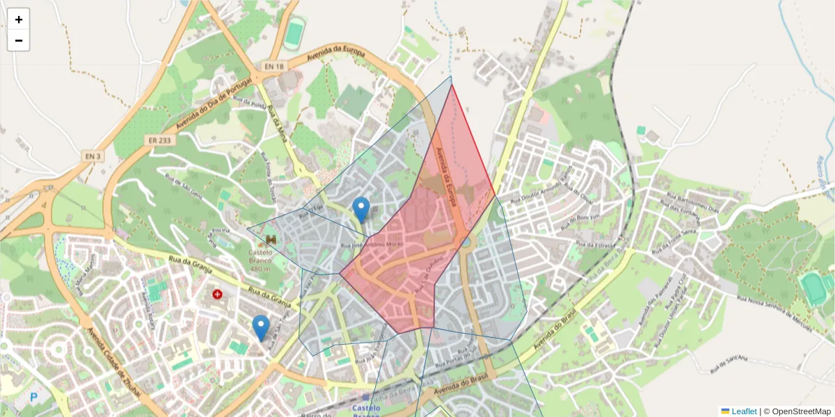 Mapa detalhado do código postal 6000-081 com limites, códigos postais vizinhos e agências dos correios