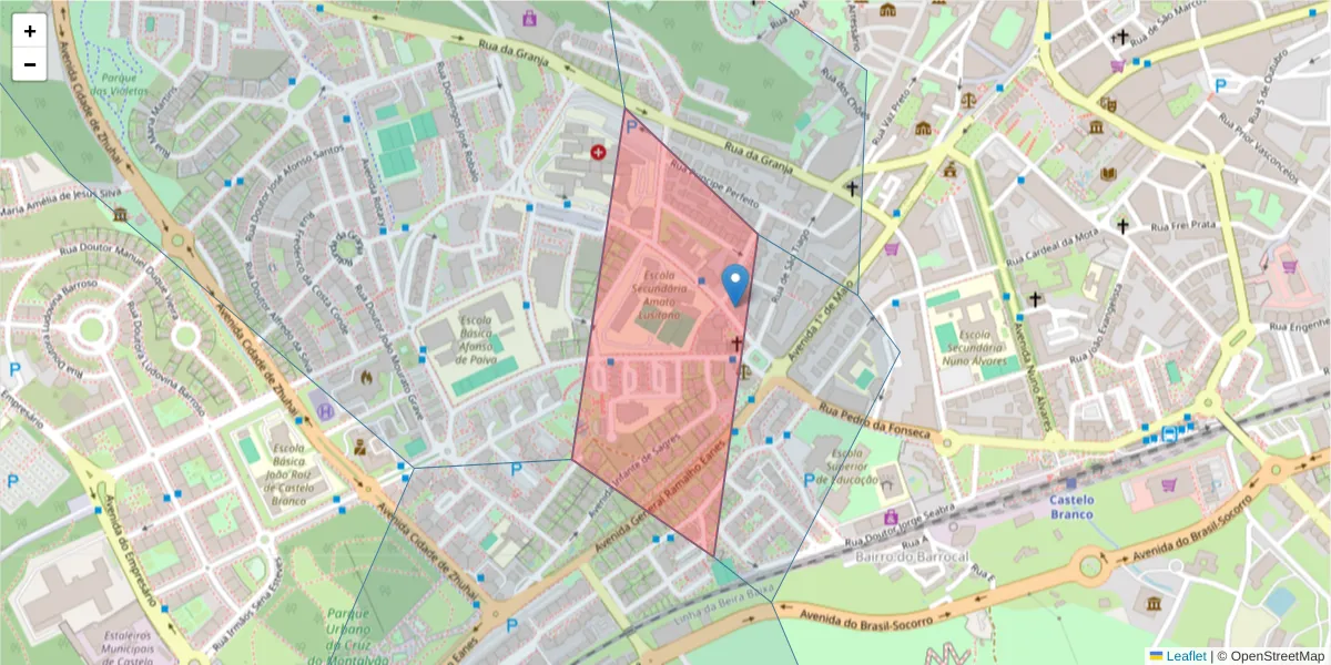 Mapa detalhado do código postal 6000-084 com limites, códigos postais vizinhos e agências dos correios