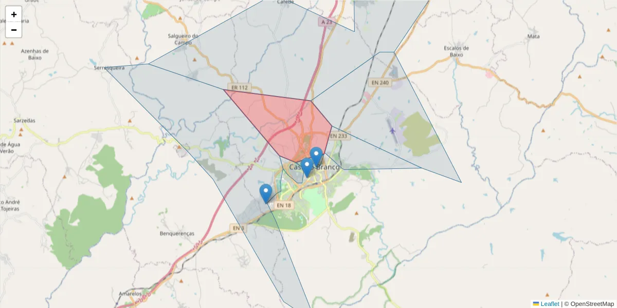 Mapa detalhado do código postal 6000-145 com limites, códigos postais vizinhos e agências dos correios
