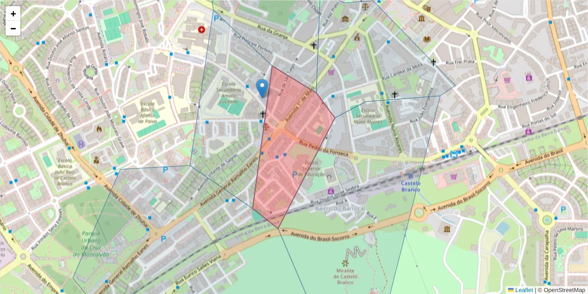 Mapa detalhado do código postal 6000-179 com limites, códigos postais vizinhos e agências dos correios