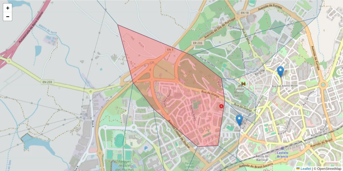 Mapa detalhado do código postal 6000-230 com limites, códigos postais vizinhos e agências dos correios