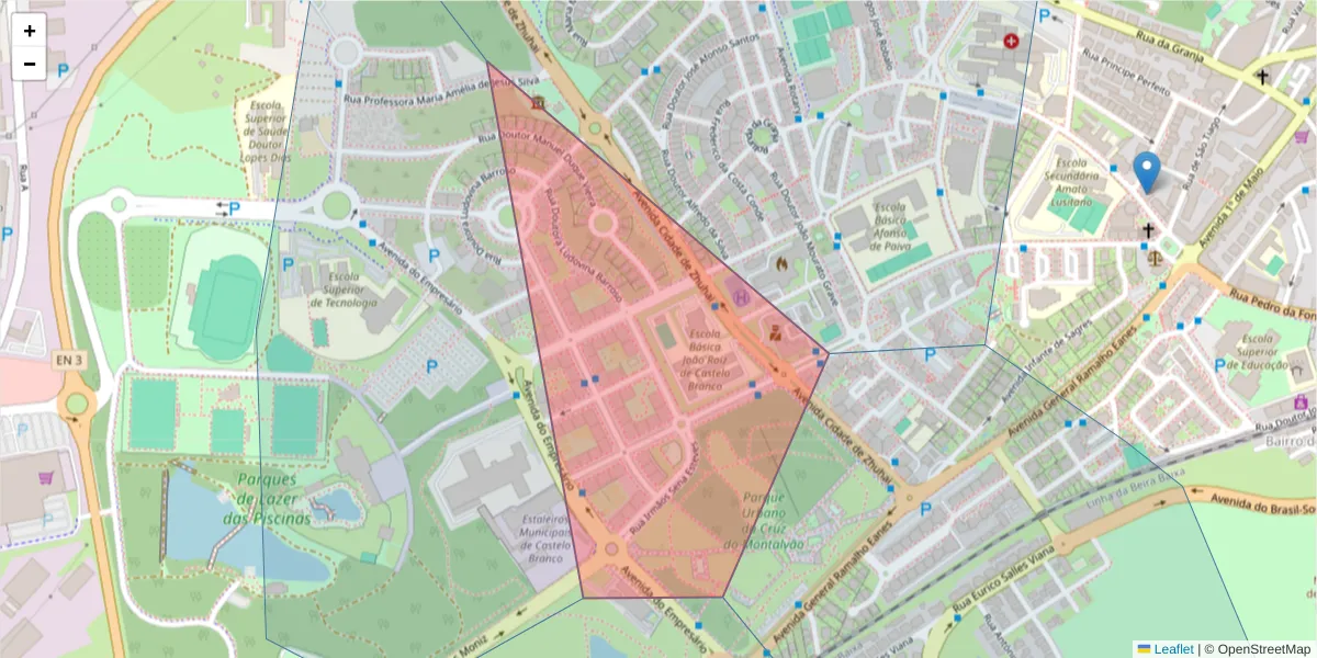 Mapa detalhado do código postal 6000-473 com limites, códigos postais vizinhos e agências dos correios
