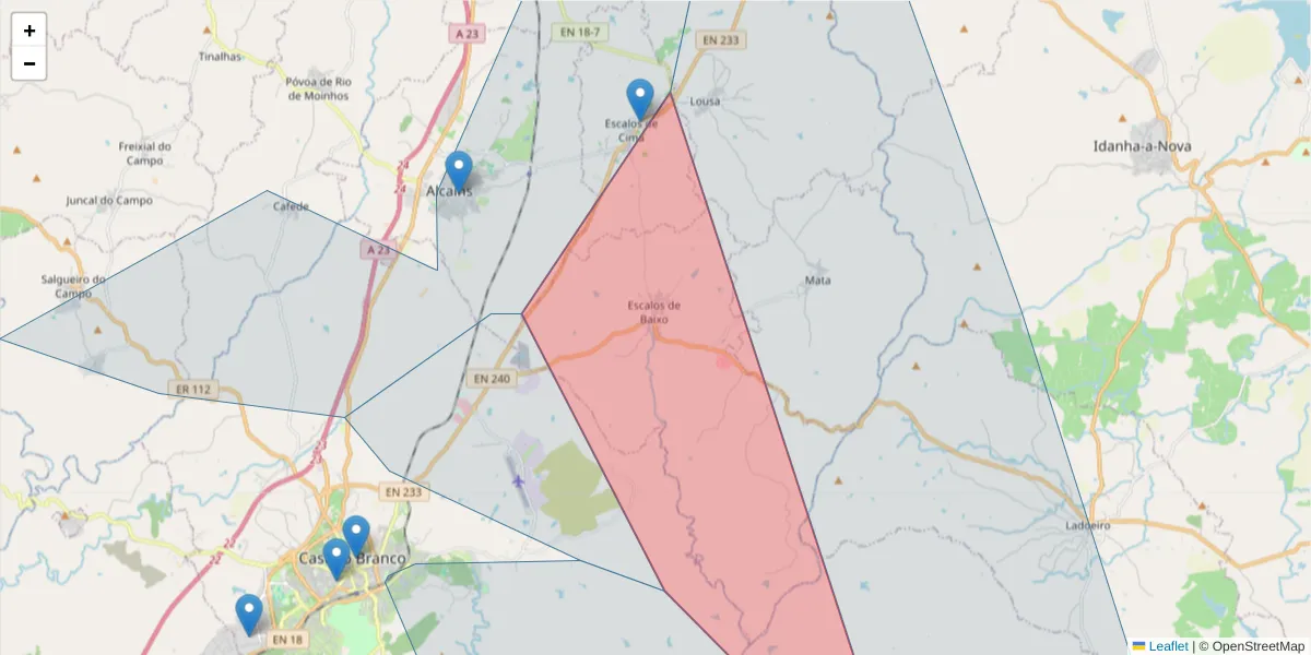 Mapa detalhado do código postal 6005-150 com limites, códigos postais vizinhos e agências dos correios