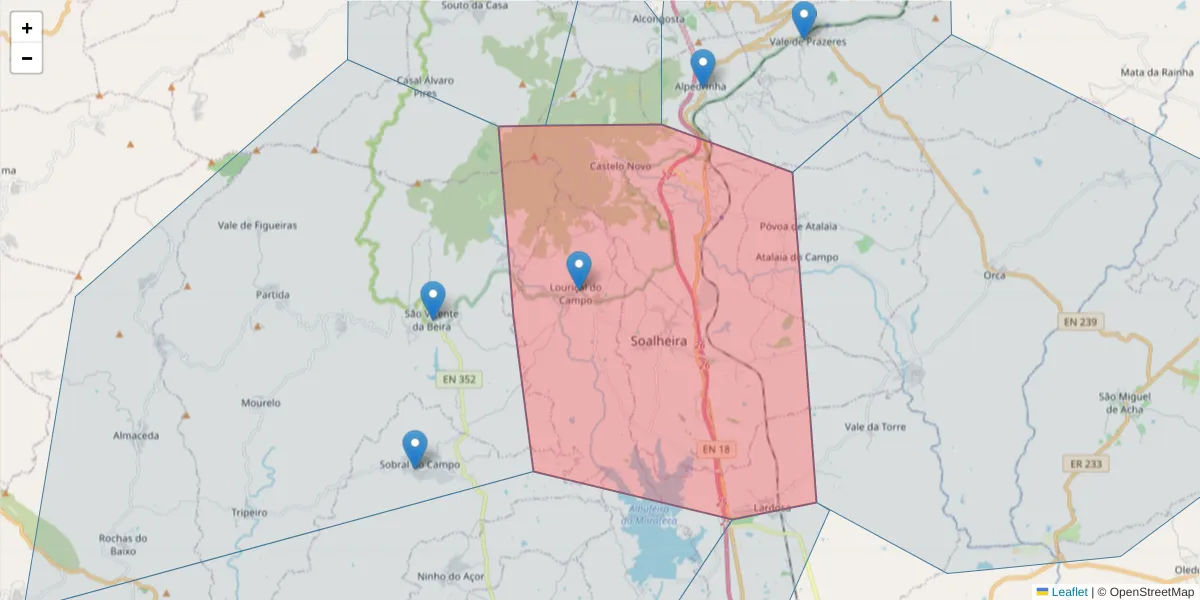Mapa detalhado do código postal 6005-210 com limites, códigos postais vizinhos e agências dos correios