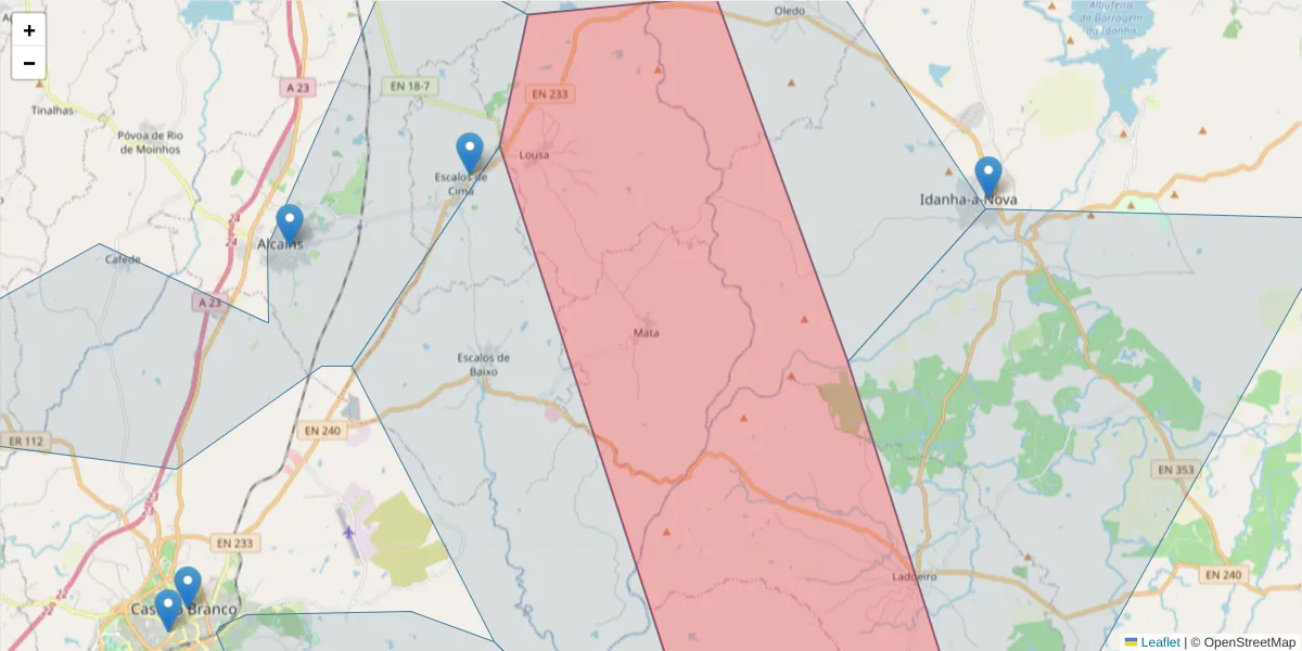 Mapa detalhado do código postal 6005-250 com limites, códigos postais vizinhos e agências dos correios