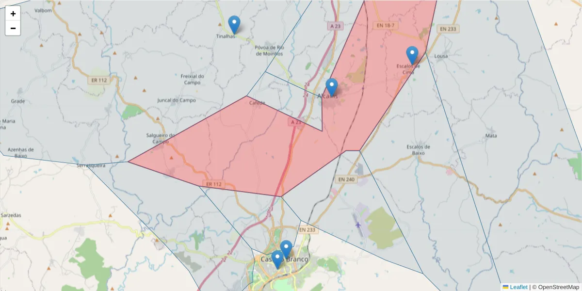 Mapa detalhado do código postal 6005-999 com limites, códigos postais vizinhos e agências dos correios