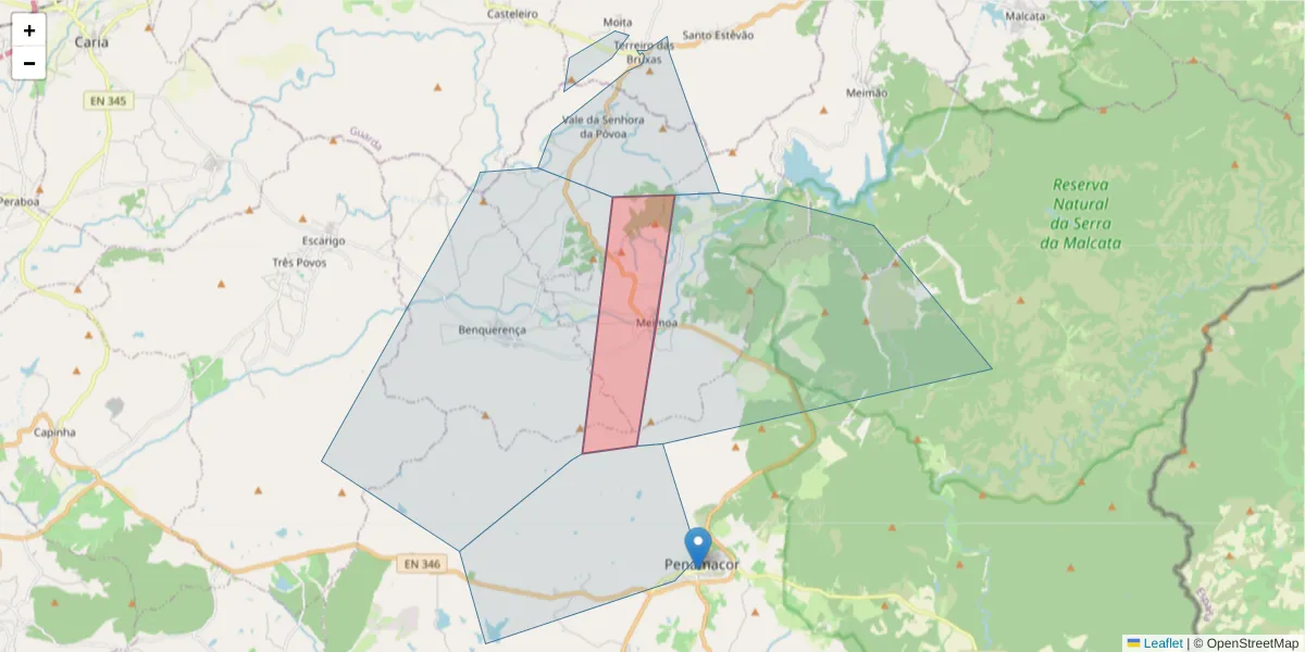 Mapa detalhado do código postal 6090-385 com limites, códigos postais vizinhos e agências dos correios