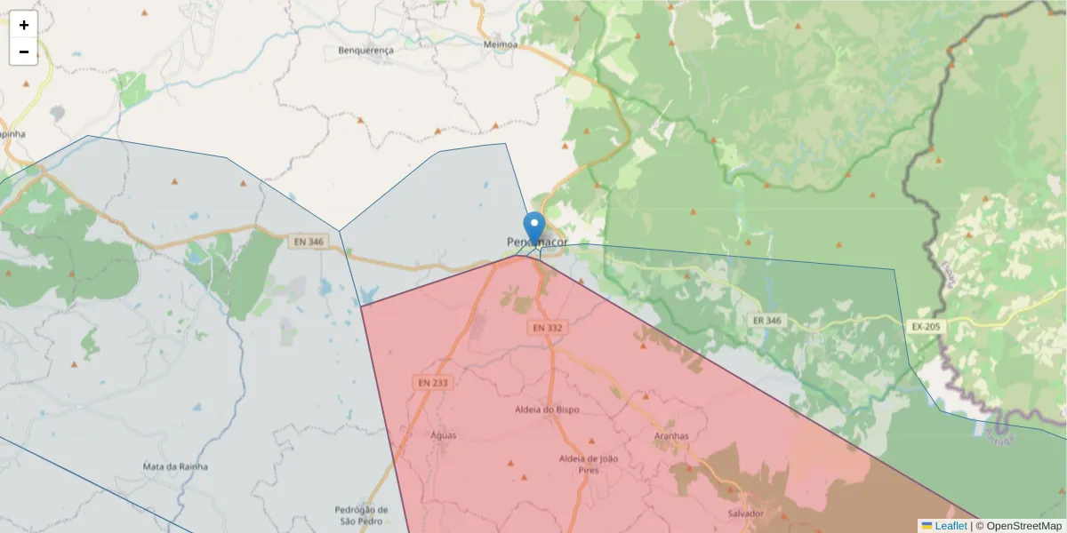 Mapa detalhado do código postal 6090-543 com limites, códigos postais vizinhos e agências dos correios