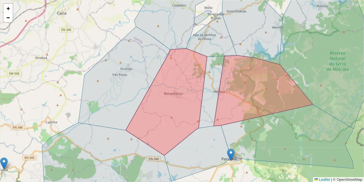 Mapa detalhado do código postal 6090 com limites, códigos postais vizinhos e agências dos correios