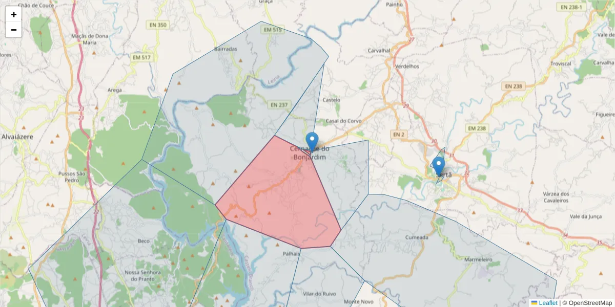 Mapa detalhado do código postal 6100-266 com limites, códigos postais vizinhos e agências dos correios