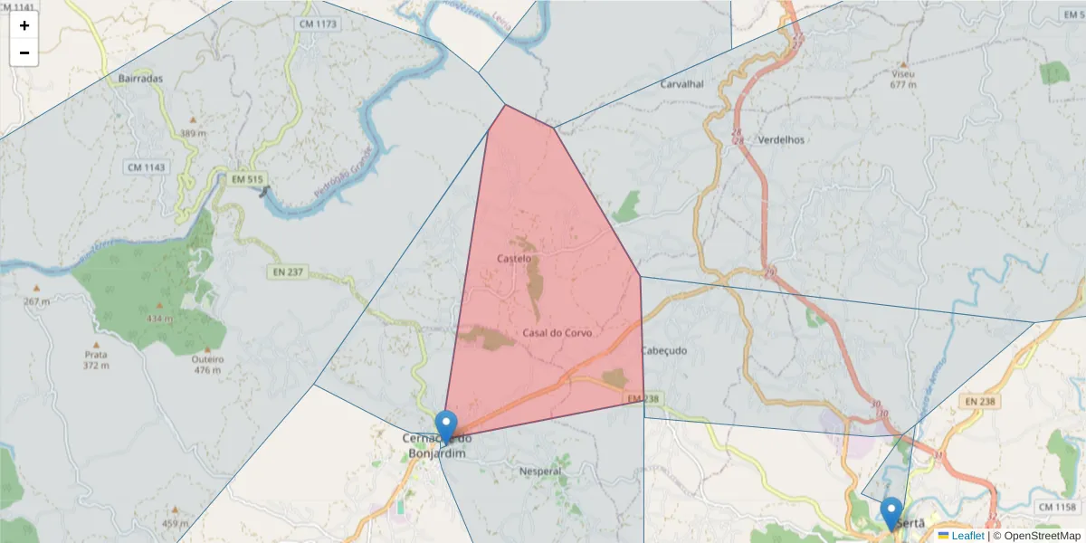 Mapa detalhado do código postal 6100-267 com limites, códigos postais vizinhos e agências dos correios