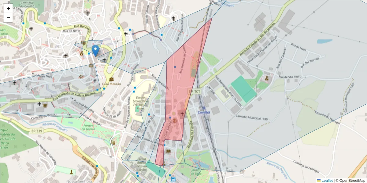 Mapa detalhado do código postal 6200-197 com limites, códigos postais vizinhos e agências dos correios