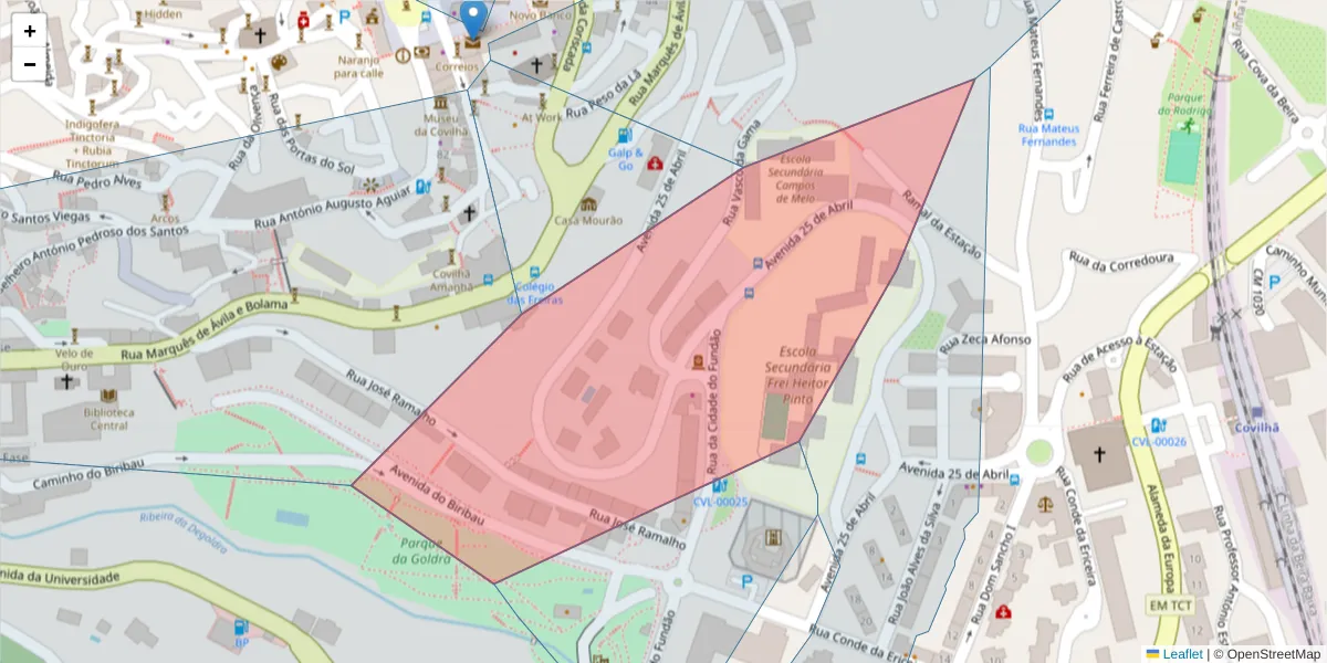 Mapa detalhado do código postal 6200-350 com limites, códigos postais vizinhos e agências dos correios