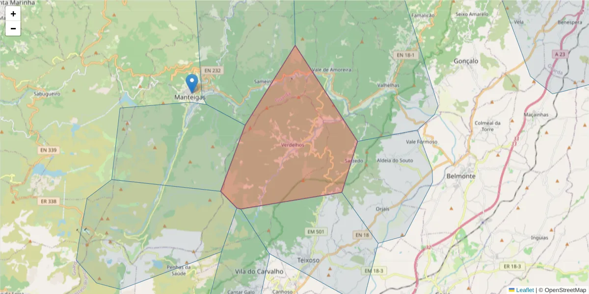 Mapa detalhado do código postal 6200-821 com limites, códigos postais vizinhos e agências dos correios