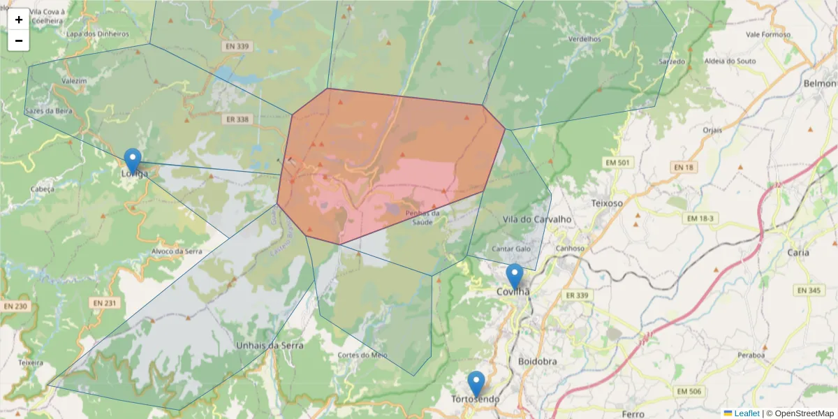 Mapa detalhado do código postal 6200 com limites, códigos postais vizinhos e agências dos correios
