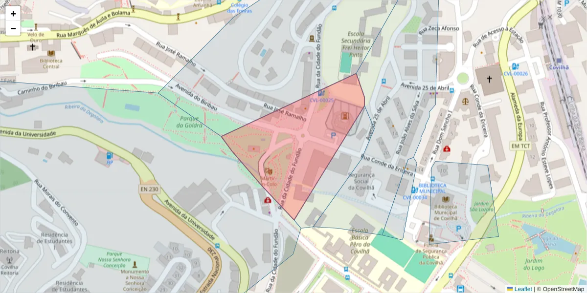 Mapa detalhado do código postal 6201-010 com limites, códigos postais vizinhos e agências dos correios