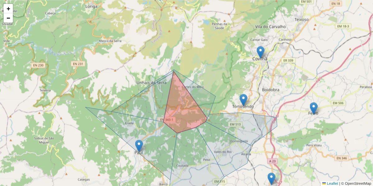 Mapa detalhado do código postal 6215-132 com limites, códigos postais vizinhos e agências dos correios