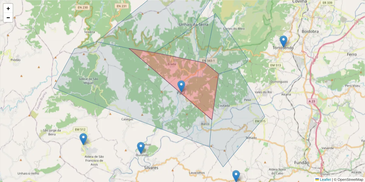 Mapa detalhado do código postal 6215-424 com limites, códigos postais vizinhos e agências dos correios