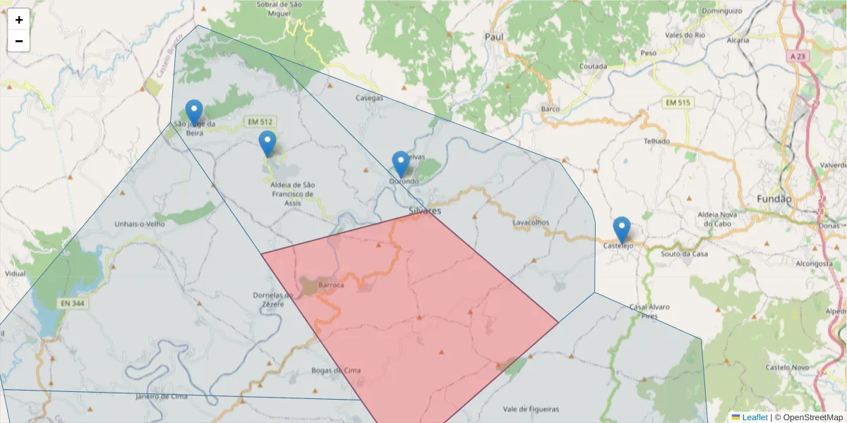 Mapa detalhado do código postal 6230-633 com limites, códigos postais vizinhos e agências dos correios