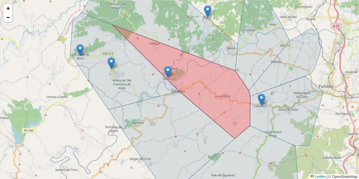 Mapa detalhado do código postal 6230-661 com limites, códigos postais vizinhos e agências dos correios