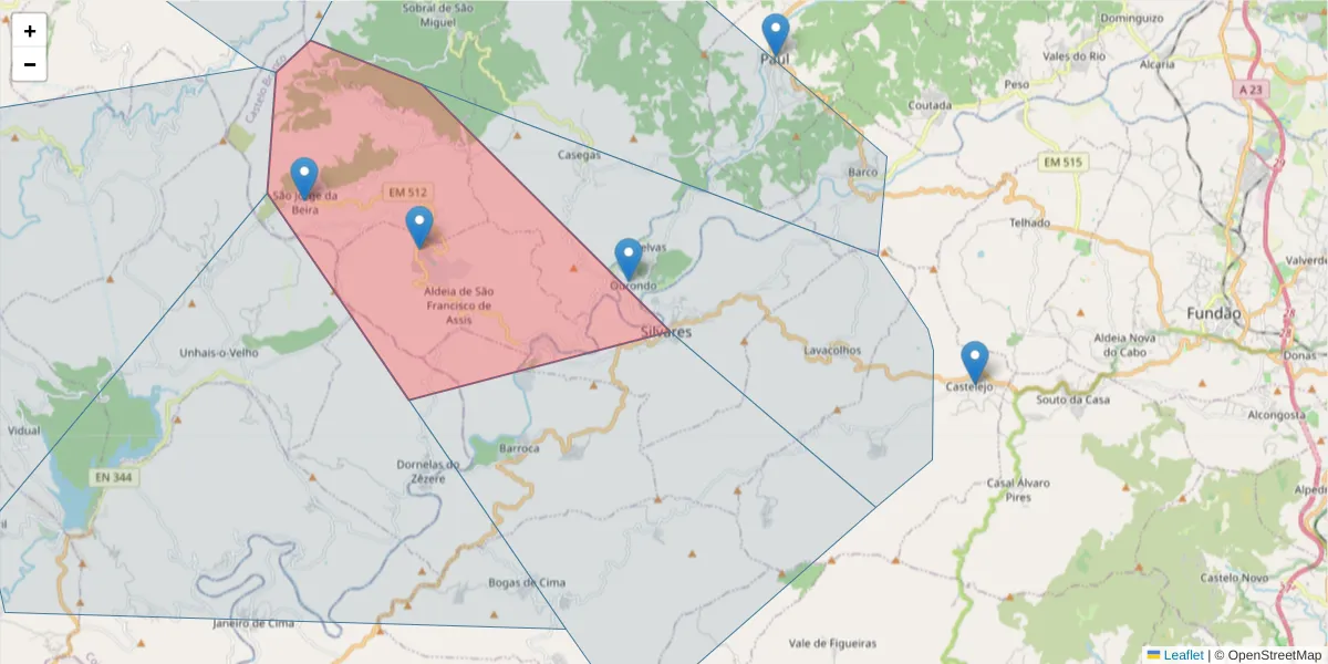 Mapa detalhado do código postal 6230-664 com limites, códigos postais vizinhos e agências dos correios