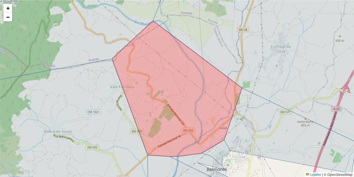 Mapa detalhado do código postal 6250-076 com limites, códigos postais vizinhos e agências dos correios