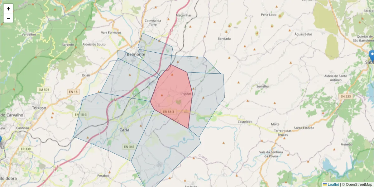 Mapa detalhado do código postal 6250-162 com limites, códigos postais vizinhos e agências dos correios
